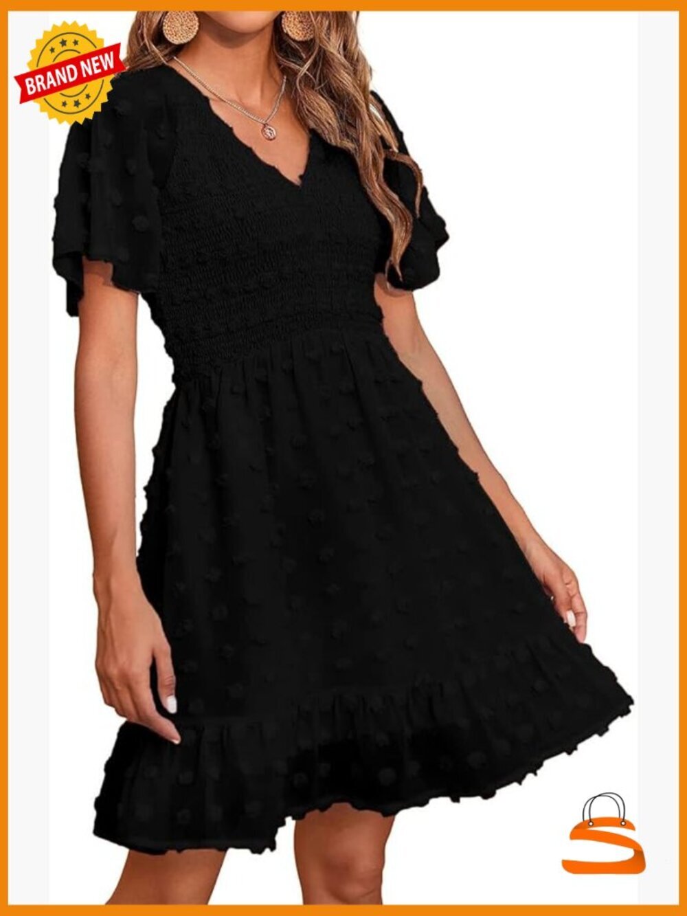 V Neck Short Sleeve Smocked Swiss Dot Ruffle Casual Mini Dress